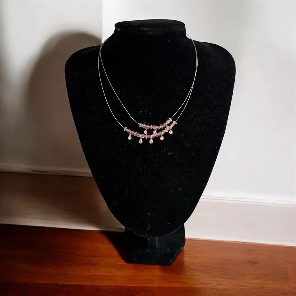 Vintage Y2K Invisible Bead Beaded Layered Pink Bib Necklace Choker